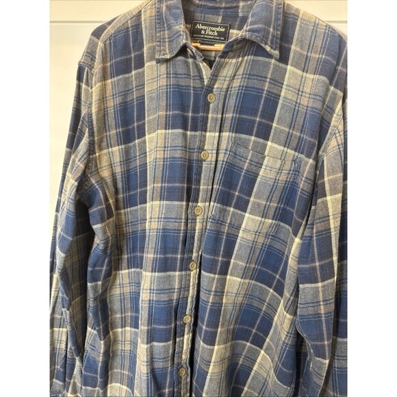 Abercrombie & Fitch Flannel Men Size Large Plaid Button Front Shirt Blue Brown - Picture 8 of 11